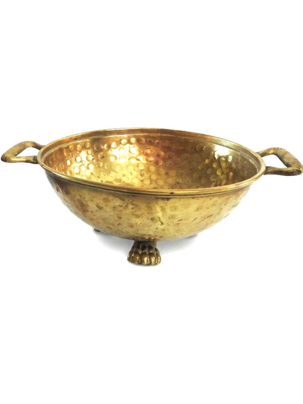 Antique Hand-Hammered Footed Brass Bowl w/ Handles
